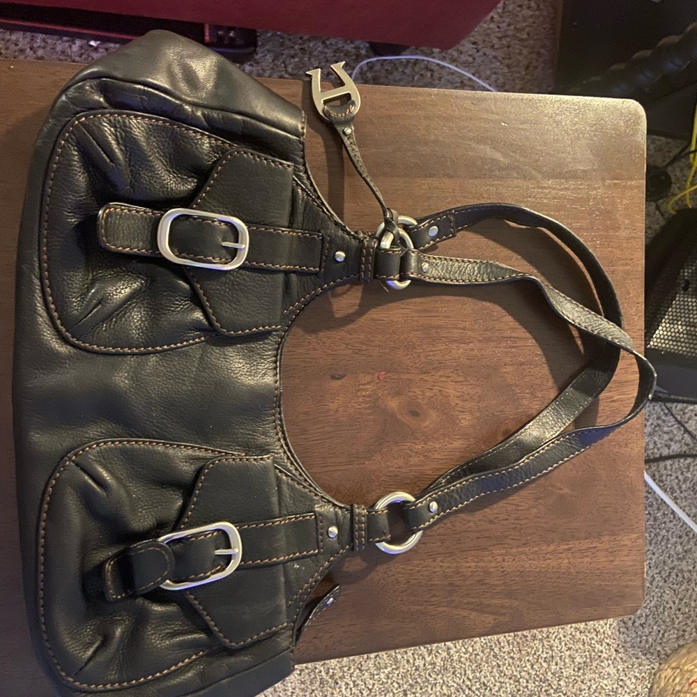 Etienne Aigner Black Leather Shoulder Bag with Buckle Accents